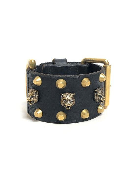 Gucci Other - Gucci Leather Bracelet Cat Head Black Gold Hardware